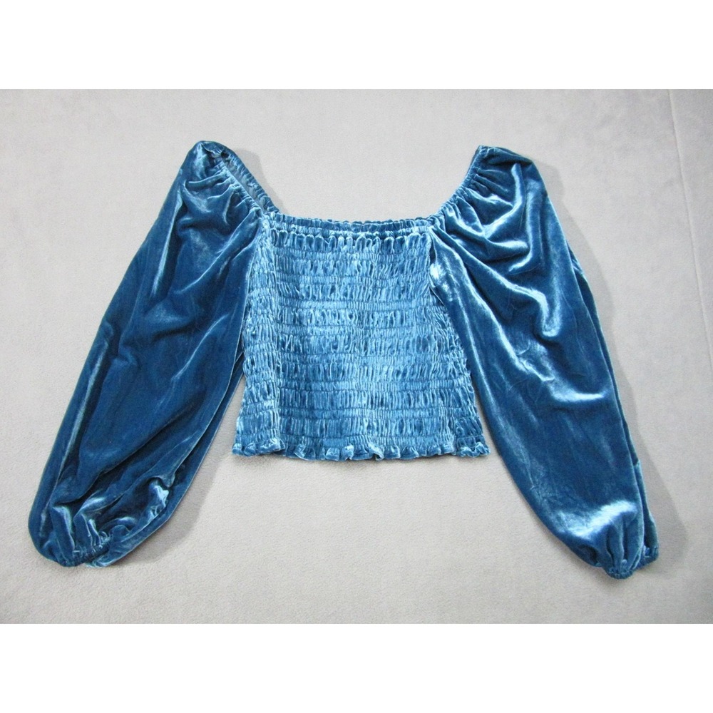 Anthropologie Top Womens Medium Blue Velvet Smocked Puff Sleeve Off Shoulder